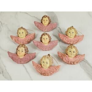 Cherubs Christmas Ornaments Baroque Angels 4 1/2" Pink Wings 80s Blow Mold x7